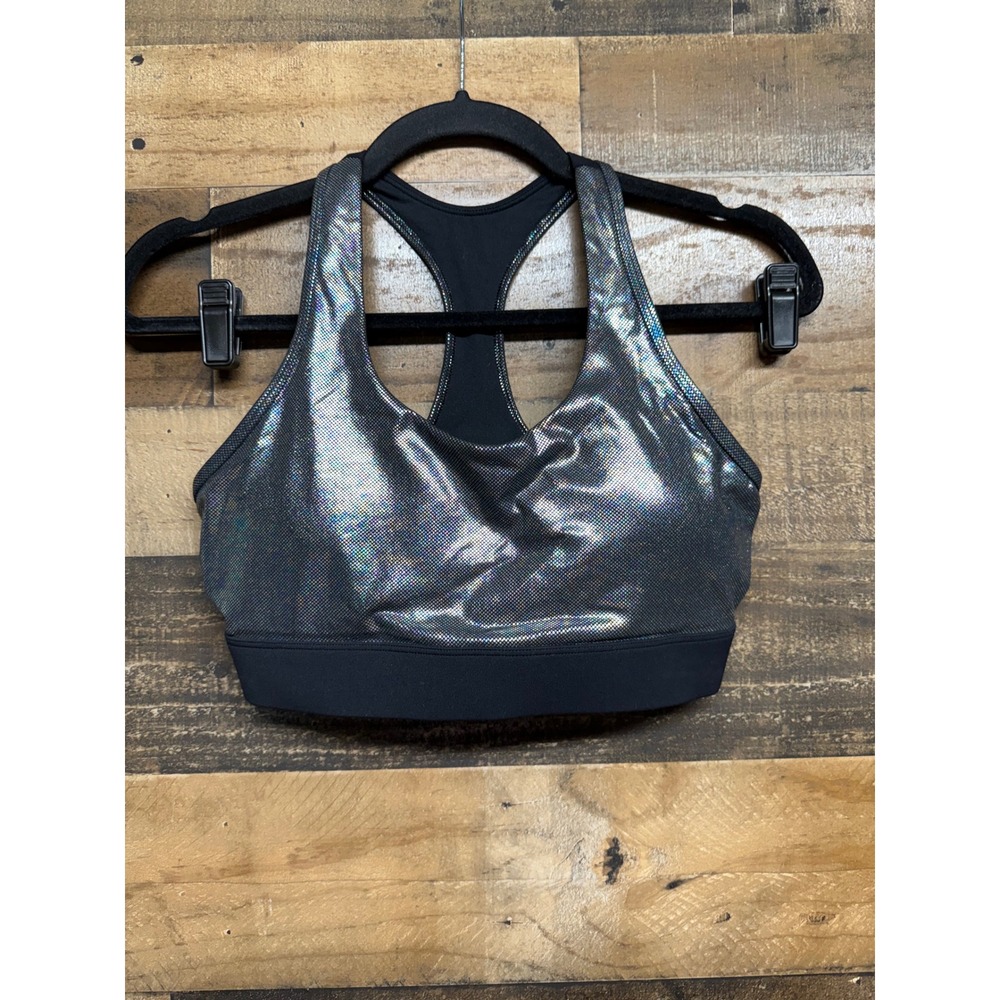 ZYIA Active Metallic Silver Holographic Racerback Sports Bra Black Small